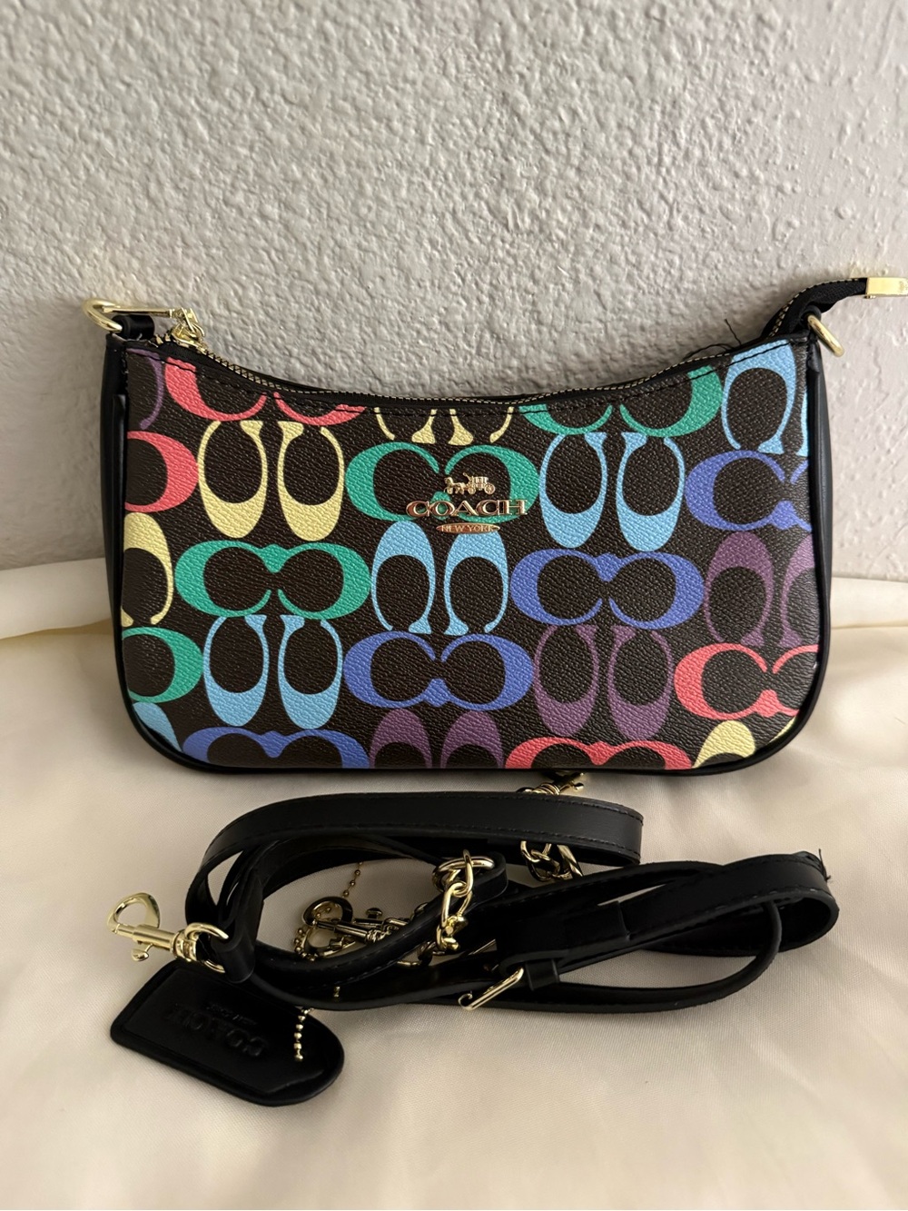 Coach Multicolor Signature Mini Crossbody Bag in Black NEW